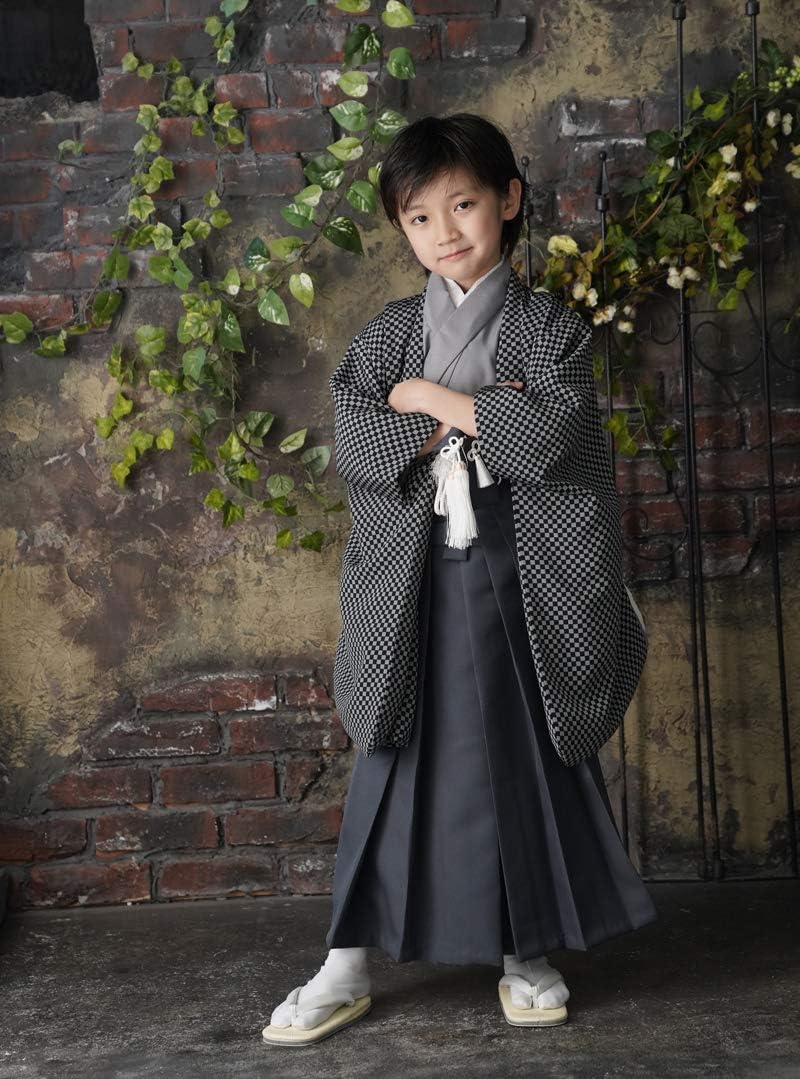 京都瑠璃雛菊] 七五三 男の子 5歳 袴 市松（グレー） L(身長115cm)（袴紐下